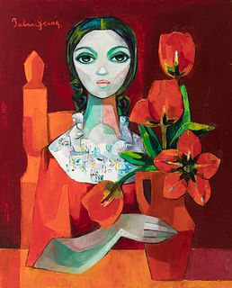 MATÍAS PALAU FERRER (Montblanch, 1921-2000). 
"Woman with flowers". 
Oil on canvas. 
Signed in the upper left corner. 
Size: 98 x 78,5 cm; 106 x 87 cm