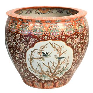 Large Chinese Rose Medallion Porcelain Planter
having birds and flower motifs
height 19 1/2 inches. diameter 22 1/4 inches