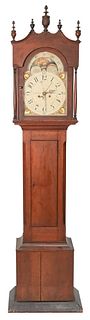 J. Bowman Federal Cherry Tall Case Clock
having cut down broken arch top over tombstone door over rectangle door on plain base
having painted porcelai