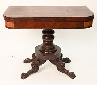George W Miller Signed Federal Mahogany Game Table
having banded inlaid top on conforming skirt with satin panel inlay on turned pedestal set on carve
