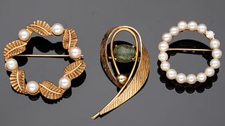 Three 14K Gold, Pearl, and Precious Stone Pins