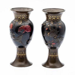 Pair of Japanese Parcel-Gilt Bronze Vases