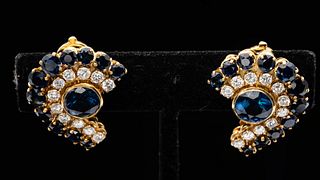 Pair of 18K Gold, Diamond, and Sapphire Earrings