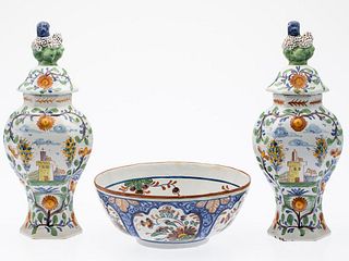 Pair of Delft Lidded Urns and a Bowl, 18th Century