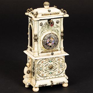 Austrian Ivory, Enamel & Jeweled Table Clock, 19th C