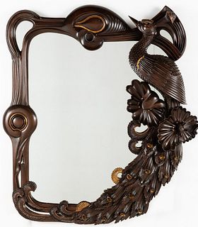 Unusual Art Nouveau Mahogany Peacock Mirror, 20th C