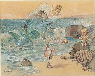 Harold Gaze, Seashore Scene, Watercolor, Pen and Ink