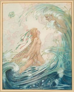 Harold Gaze, Fairy in the Waves, Watercolor and Ink