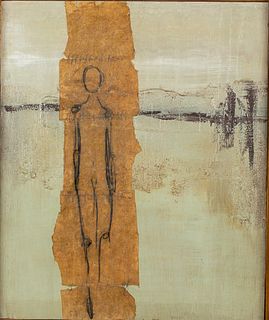 Unsigned, Figure with Blue Background, Mixed Media