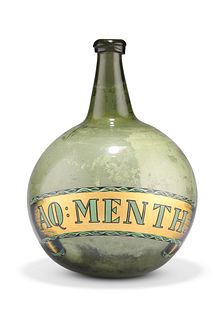 A GREEN GLASS ONION-SHAPED BOTTLE OR CARBOY, labelled “AQ: MENTH.”, 18th Ce