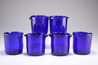 A SET OF SIX EARLY 19TH CENTURY BRISTOL BLUE GLASS RINSERS, plain cylindric