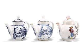 THREE ROYAL WORCESTER MINIATURE TEAPOTS, including two blue and white. (3) 