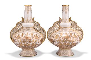 A PAIR OF DERBY CROWN PORCELAIN VASES, CIRCA 1890S, in the Persian taste, w