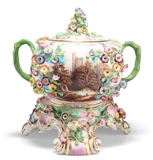 A MINTON POT POURRI, CIRCA 1830, encrusted with flowers growing from the ru