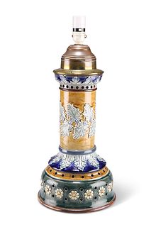 A DOULTON LAMBETH STONEWARE TABLE LAMP, of columnar form with dome base, mo