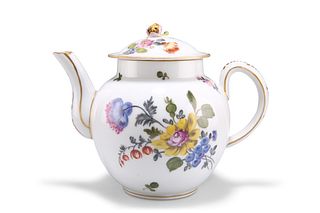A CONTINENTAL PORCELAIN TEAPOT, of globular form and painted with sprays of