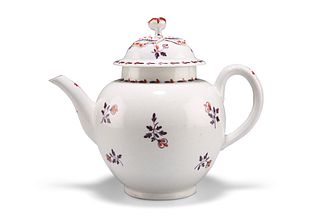 A WORCESTER TEAPOT AND COVER, CIRCA 1770, painted with purple and red sprig