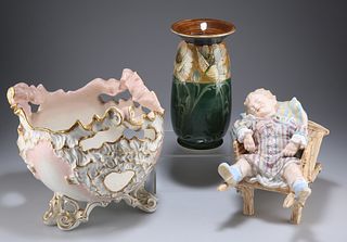 A TURNER POTTERY JARDINIÈRE, DATED 1893, shell-moulded, highlighted with gi