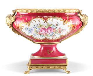 A CONTINENTAL GILT-METAL MOUNTED PORCELAIN BOWL, IN SÈVRES STYLE, the ovoid