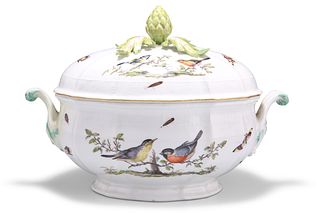 A MEISSEN ORNITHOLOGICAL TWO-HANDLED TUREEN AND COVER, CIRCA 1750, shaped o