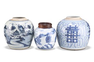 THREE CHINESE BLUE AND WHITE GINGER JARS, the first painted with figures an