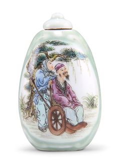 A CHINESE PORCELAIN SNUFF BOTTLE, painted with figures and poem, bears blue