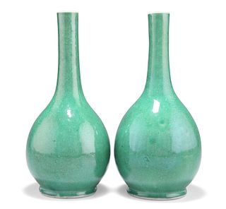 A PAIR OF CHINESE GREEN CRACKLE GLAZE BOTTLE VASES, one bearing red four ch