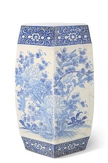 A CHINESE BLUE AND WHITE GARDEN SEAT, of hexagonal-section barrel form, the