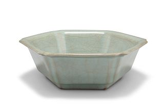 A CHINESE CELADON BOWL, hexagonal, with inverted corners, bears gilt and re