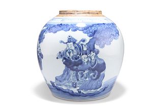 A CHINESE BLUE AND WHITE JAR, ovoid, painted with figures. 21cm high