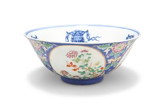 A DAOGUANG STYLE FAMILLE ROSE BOWL, flared circular form, the interior blue