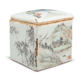 A CHINESE SQUARE-SECTION INKWELL AND COVER, painted with objects, landscape