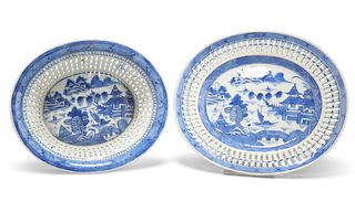 A CHINESE BLUE AND WHITE RIBBON-EDGED BOWL AND STAND, oval, each blue paint