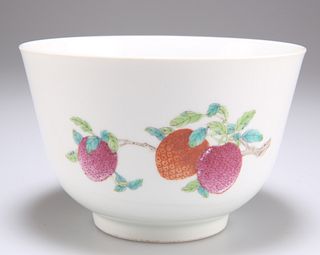 A CHINESE FAMILLE ROSE PORCELAIN BOWL, enamel painted with three vines of p