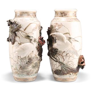A LARGE PAIR OF JAPANESE SATSUMA VASES WITH APPLIQUÉ DECORATION, ATTRIBUTED