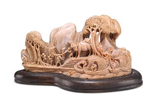 A CHINESE SOAPSTONE 'LANDSCAPE' CARVING, 19TH CENTURY, on a wooden plinth b