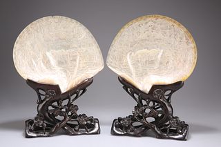 A PAIR OF CHINESE CARVED MOTHER-OF-PEARL SHELLS, MID-19TH CENTURY, finely r