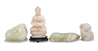 A GROUP OF CHINESE JADE CARVINGS, comprising ducks, qilin, girl with basket