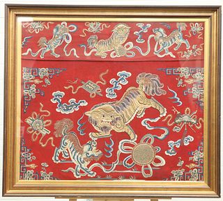 A CHINESE EMBROIDERED ALTAR CLOTH, 19TH CENTURY, the red ground worked in g