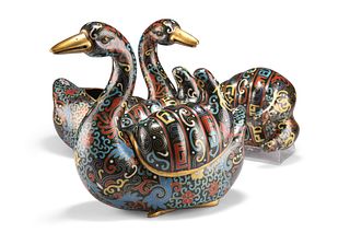 A PAIR OF CHINESE CLOISONNÉ ENAMEL CENSERS AND COVERS, in the form of swans