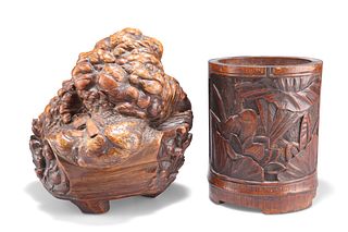 A CHINESE ROOT WOOD CARVING, depicting abstract figures and beasts amongst 