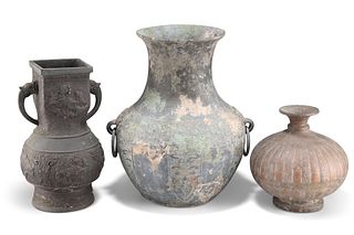 A GROUP OF THREE VASES/VESSELS, the first, Chinese bronze in Archaic style 