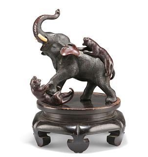 A JAPANESE BRONZE GROUP OF AN ELEPHANT AND TIGERS, MEIJI PERIOD, the elepha