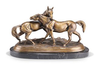 AFTER P.J. MÊNE, A BRONZE GROUP OF TWO HORSES, on a marble base. 40.5cm wid