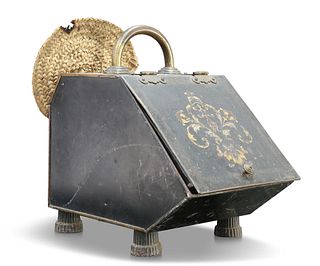 A VICTORIAN TOLE WARE SLANT-FRONT COAL BOX, with brass butterfly hinges and