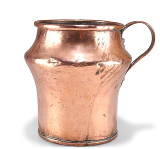AN 18TH CENTURY COPPER FLAGON, with strap-form handle, 24cm high; together 