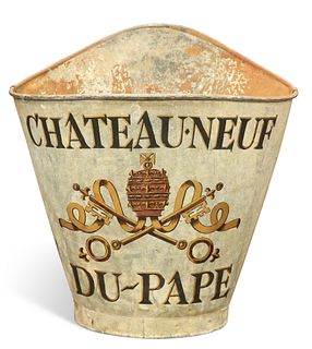 AN EARLY 20TH CENTURY FRENCH GALVANIZED METAL GRAPE HOD, with Châteauneuf-d