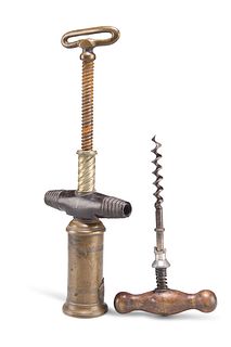 A VICTORIAN DOWLER PATENT BRASS AND TREEN CORKSCREW, together with ANOTHER 