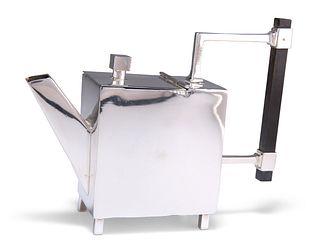 A SILVER-PLATED TEAPOT, IN THE MANNER OF CHRISTOPHER DRESSER, the cube body