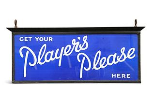 A VINTAGE PLAYER'S ADVERTISING SIGN, in a metal frame with loops for suspen